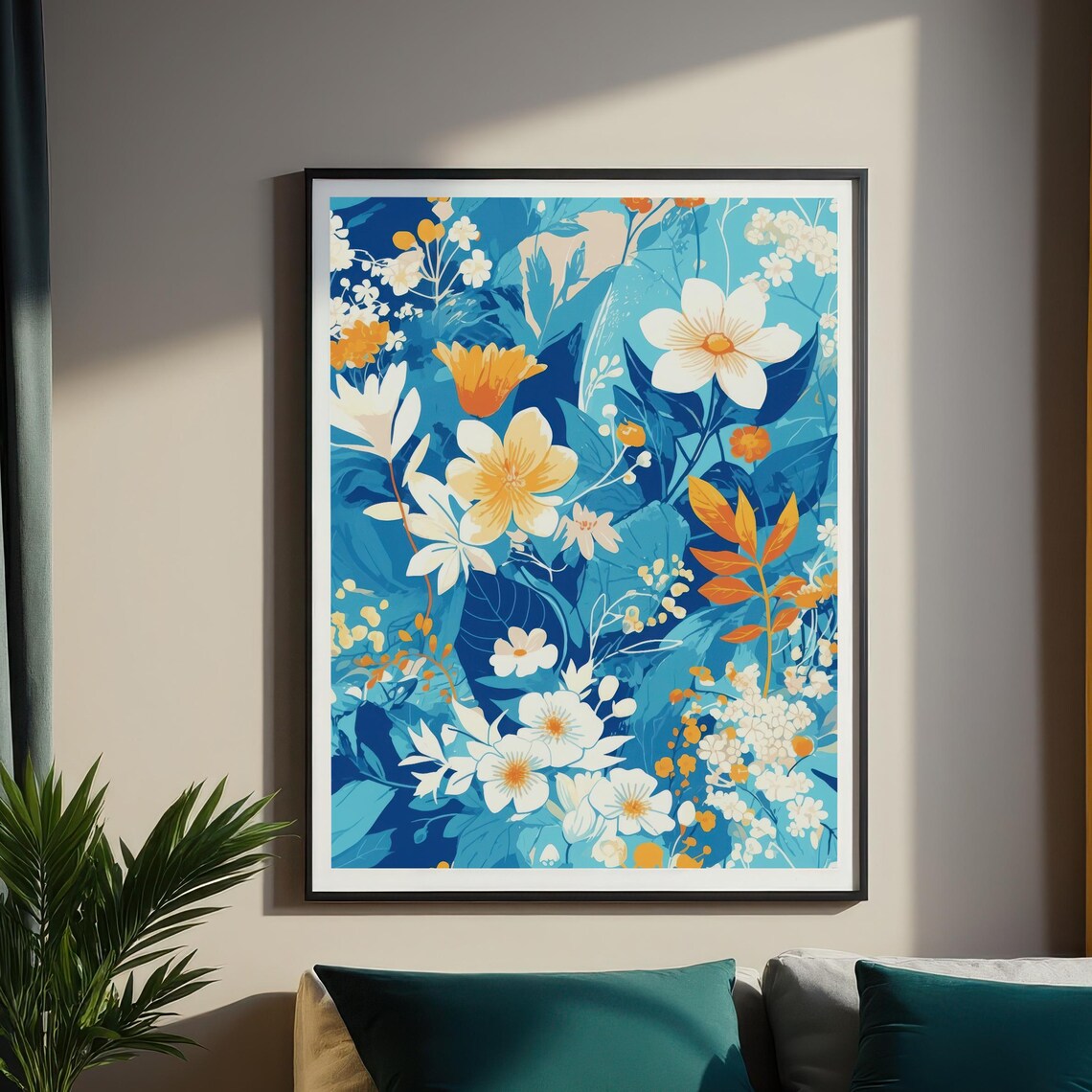 Lively Blue White and Orange Blooms Modern Floral Garden Poster