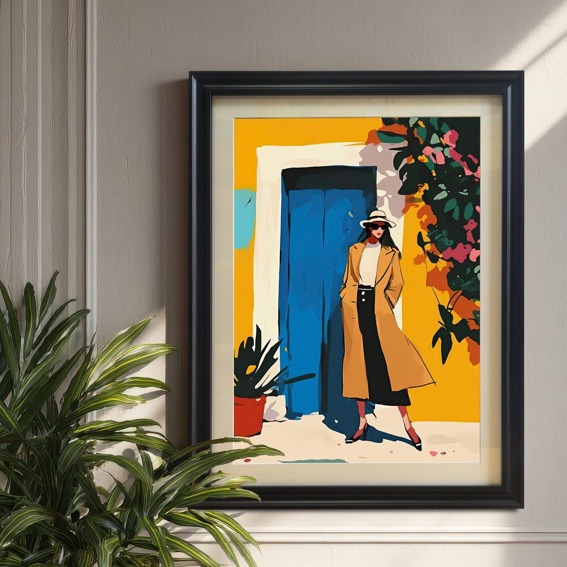Stylish Woman In Trench Coat Street Scene Wall Art Gicle Print Modern Fashion Illustration Framed Wood Poster Home Office Decor