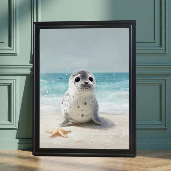Seal Pup Framed Wall Art Coastal Nursery Decor