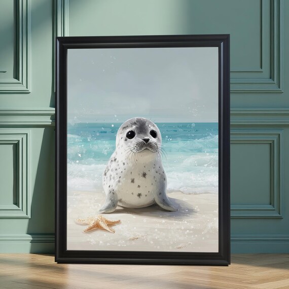 Sweet Baby Seal Pup On Sandy Beach Starfish Coastal Art Poster