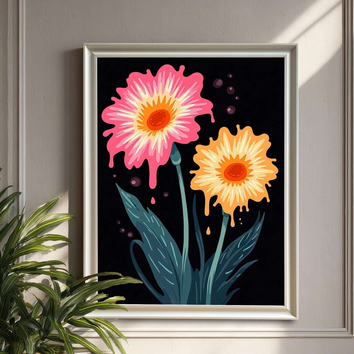 Dripping Flower Art Print, Pink Orange Daisy