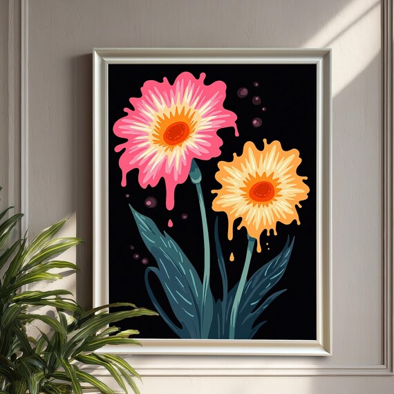 Dripping Flower Art Print, Pink Orange Daisy