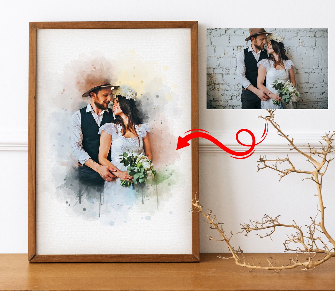Personalized Watercolor Wedding Portrait From Photo Couple Embrace Print - Image 3