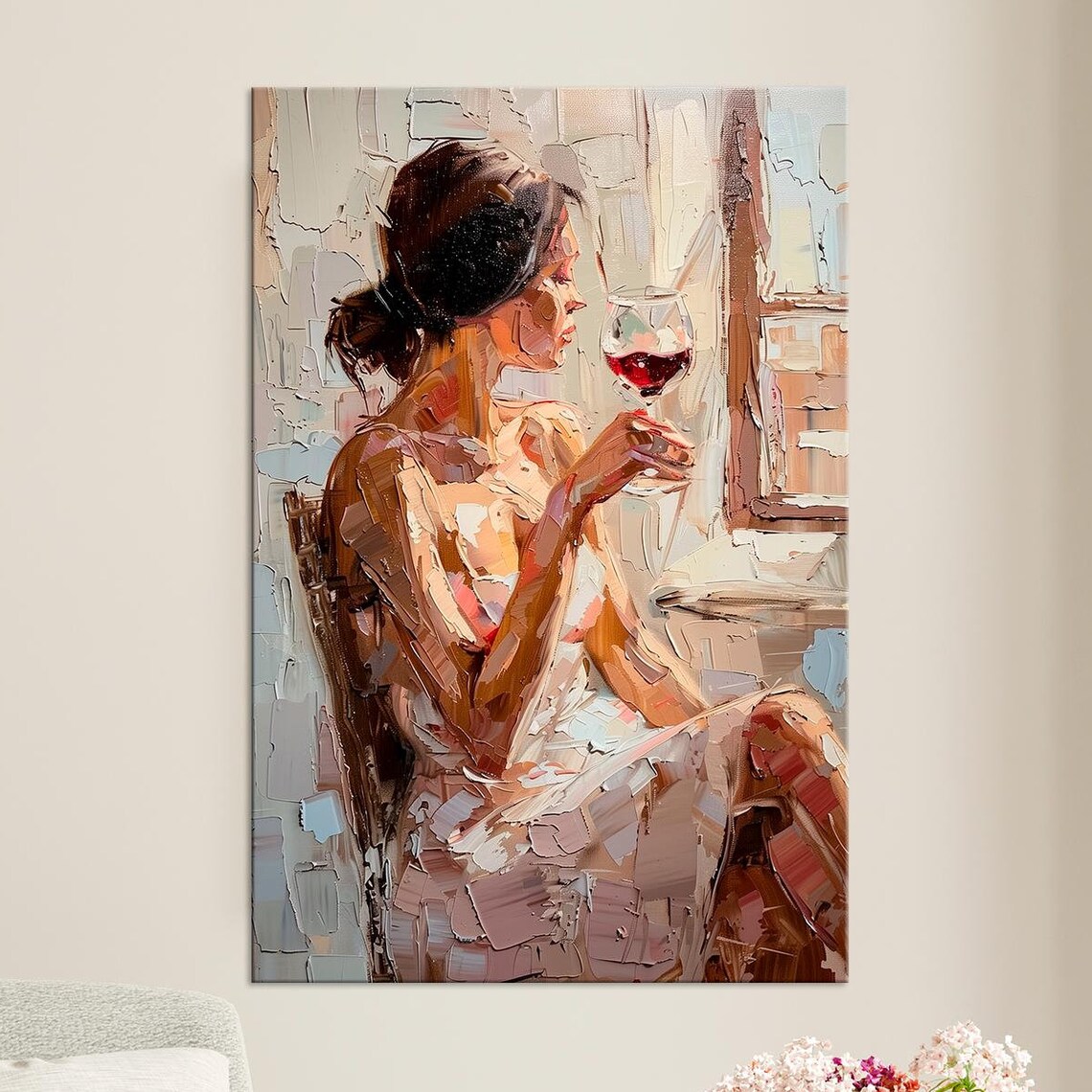 Woman Drinking Red Wine By Window Impressionist Oil Painting Wall Art