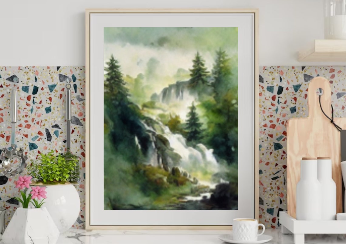 Misty Waterfall Cascading Through Foggy Green Forest Watercolor Print - Image 3