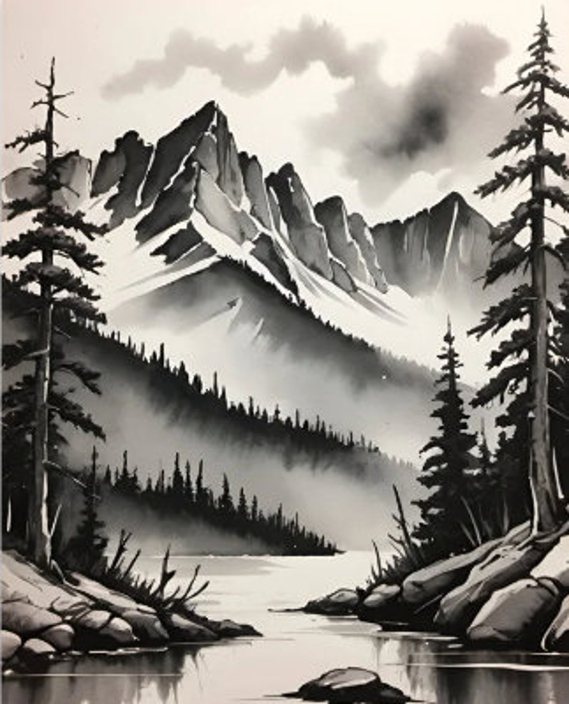 Black White Rocky Mountains River Ink Watercolor Sketch Art Poster - Image 2