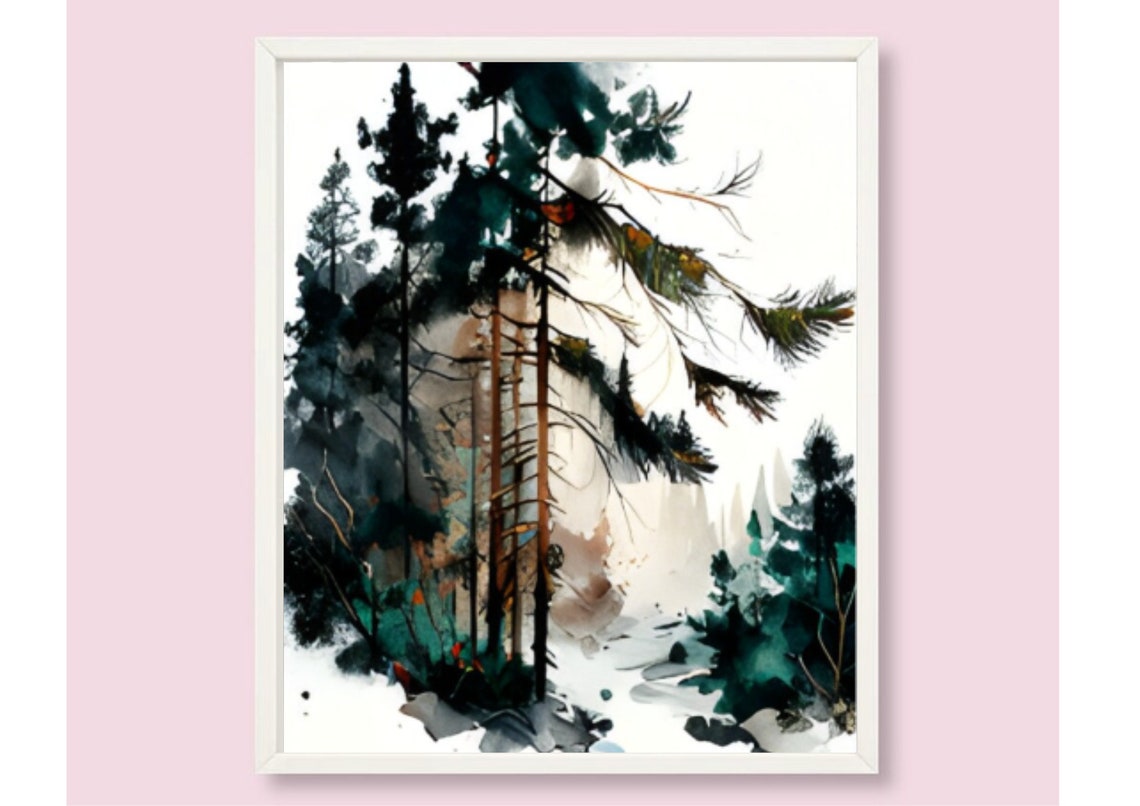 Tall Dark Pine Trees Abstract Ink Watercolor Nature Art Print - Image 6