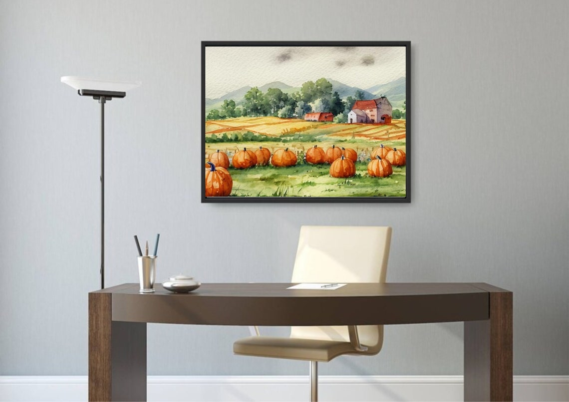 Pumpkins Farm Watercolor Painting Pumpkins Patch And Formhouse Art Print Country Landscape Wall Art Autumn Farmhouse Landscape Art Prints - Image 5