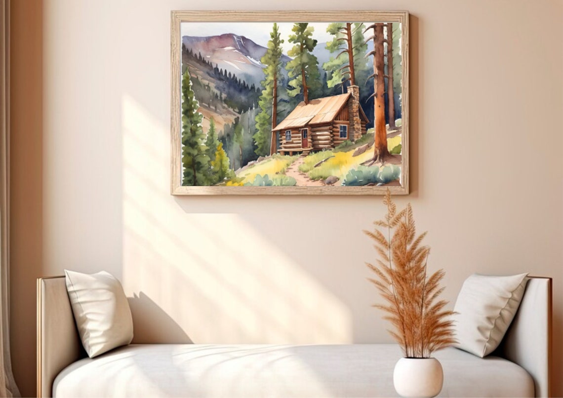 Colorado Mountain Cabin Pine Forest Watercolor Landscape Poster - Image 3