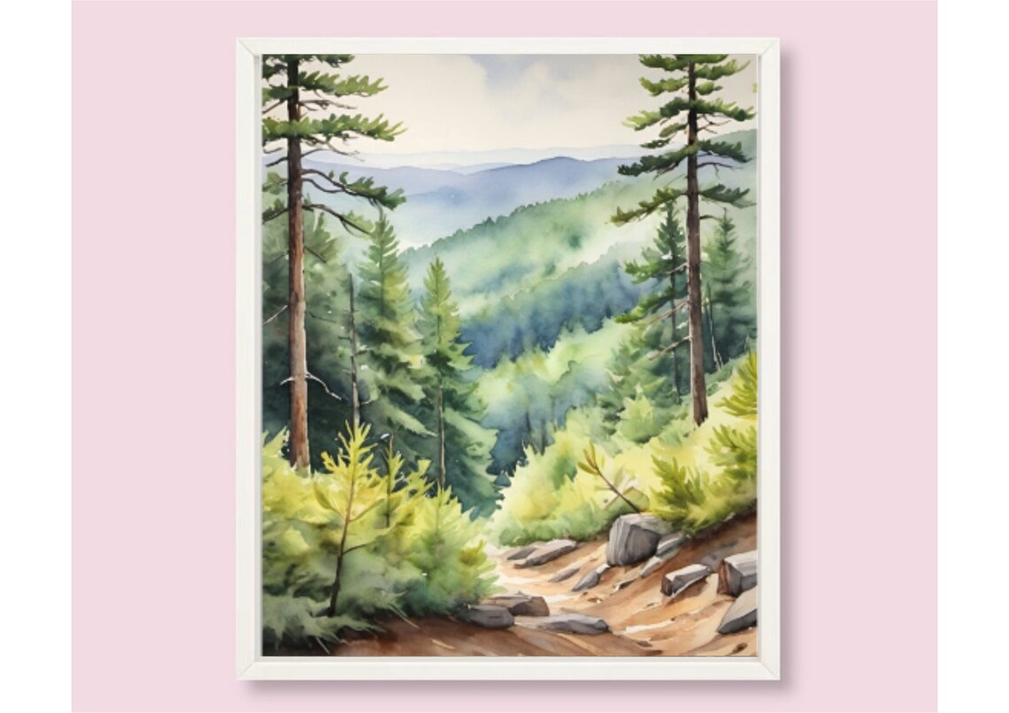 Appalachian Mountains Watercolor Art Print, Misty Pine Forest - Image 6