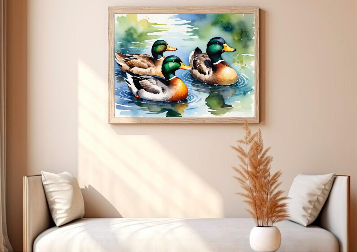 Three Mallard Ducks Swimming Watercolor Wildlife Pond Poster - Image 2
