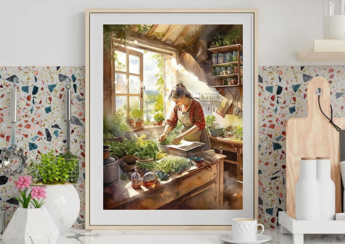 Watercolor Drawing Of Woman Cooking In The Kitchen Cooking Woman Art Print Woman Portrait Wall Art Country Kitchen Watercolor Painting Print - Image 5
