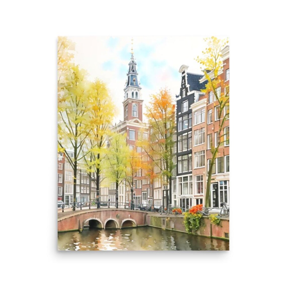 Amsterdam Autumn Canal Church Tower Watercolor Fall Travel Art Poster - Image 3