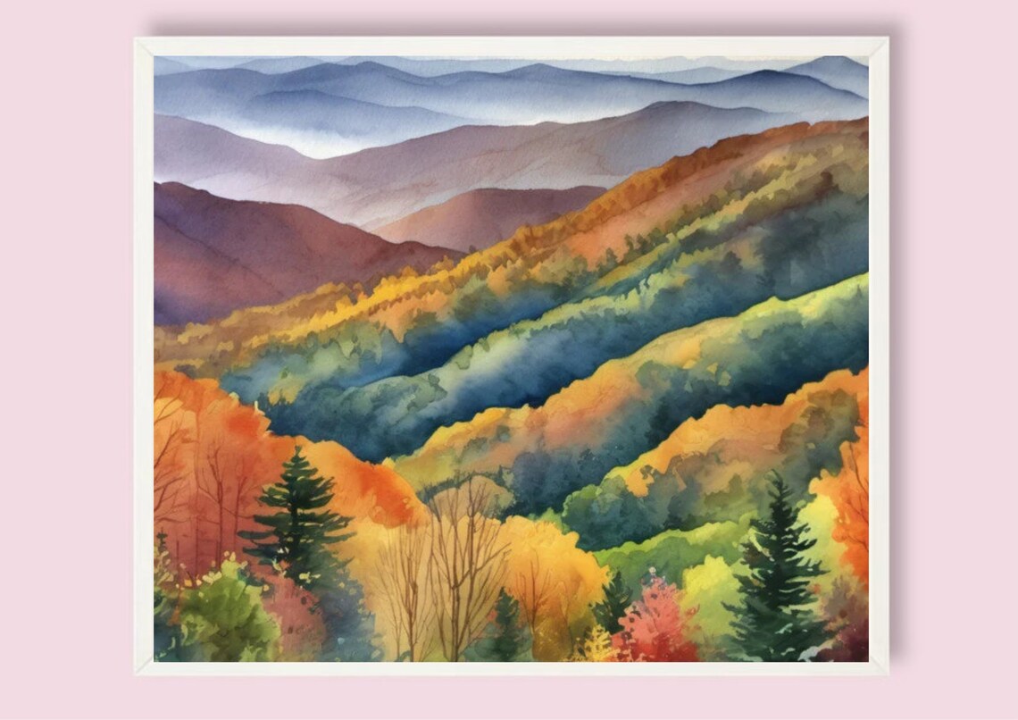Smoky Mountains Watercolor Art Print, Fall Landscape - Image 5