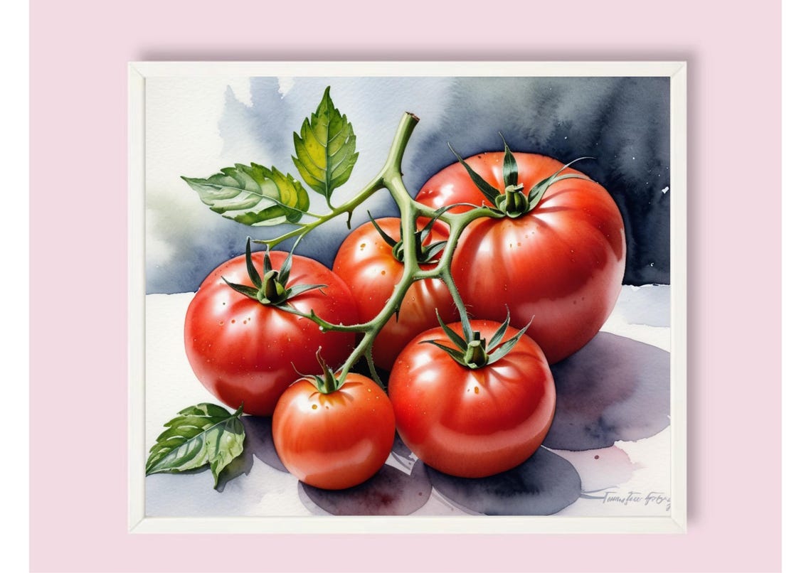 Ripe Red Tomatoes On The Vine Watercolor Kitchen Still Life Poster - Image 6