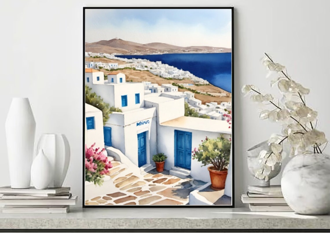 Mykonos Painting Greek Island Watercolor Art Print Cyclades Islands Wall Art Aegean Sea Island Landscape Art Seascape Watercolor Art Poster - Image 5