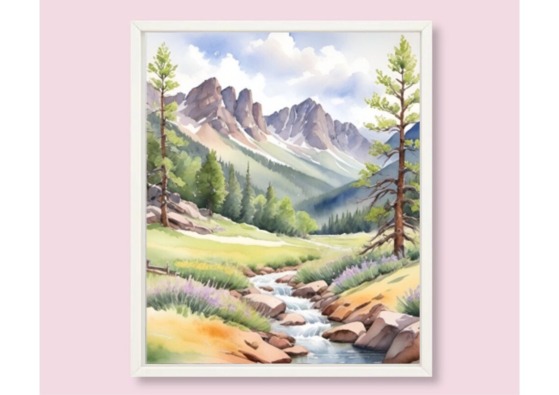 Rocky Mountains Mountain River Watercolor Wall Art Print - Image 6