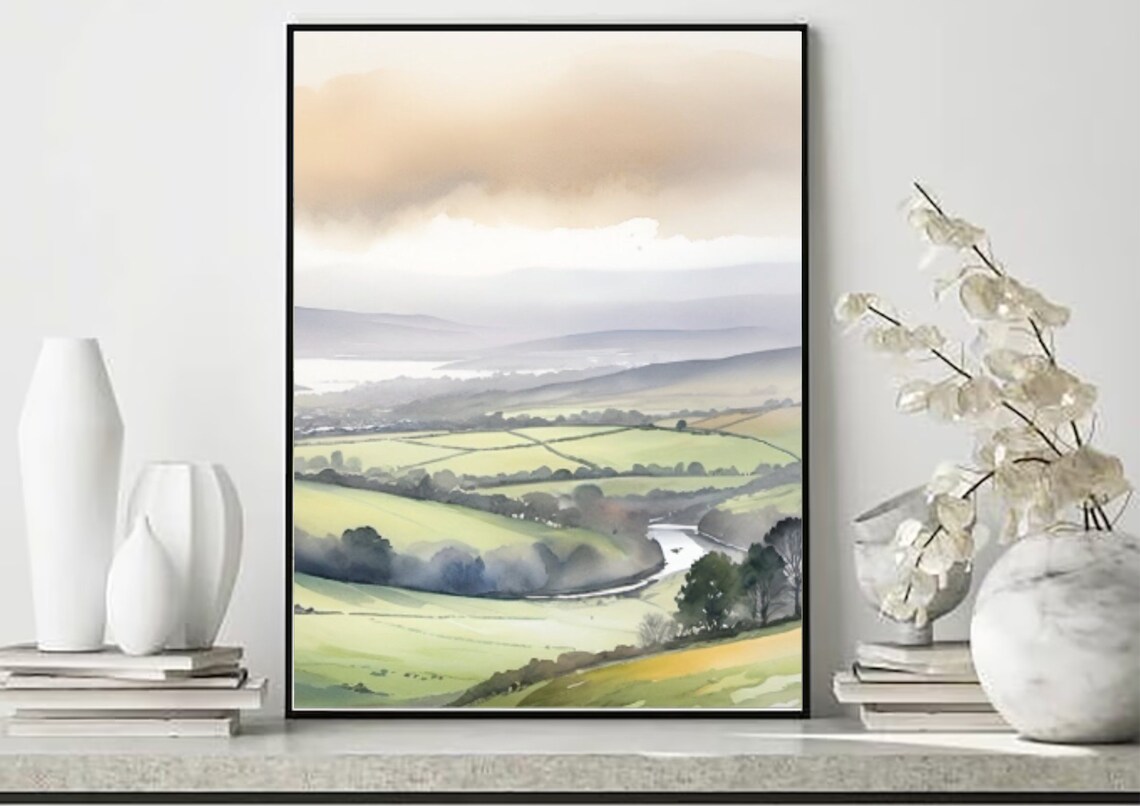 Foggy Irish Countryside Green Hills Watercolor Landscape Art Poster - Image 5