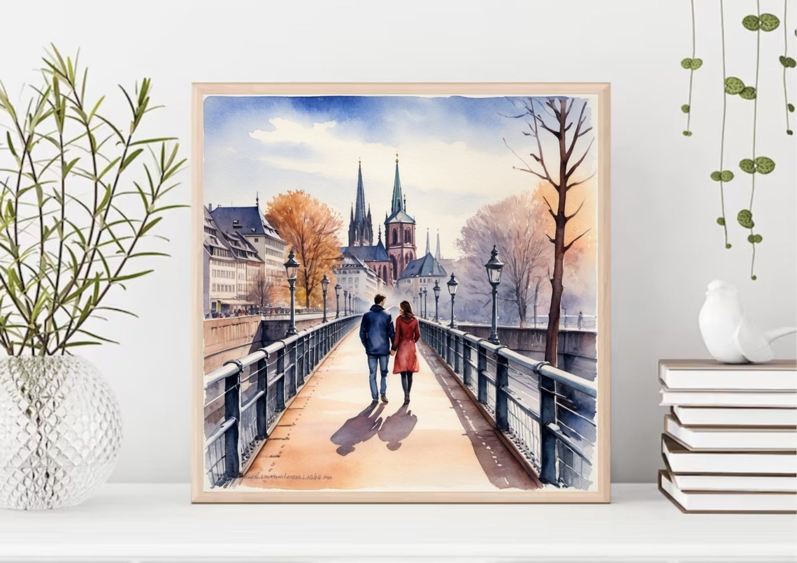 Frankfurt Couple Bridge Cathedral Skyline Watercolor City Poster - Image 4
