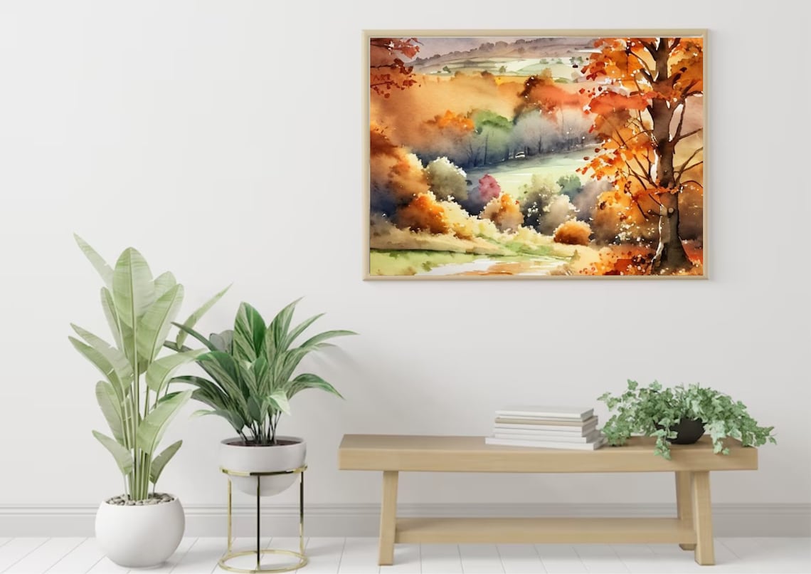 Autumn English Country Landscape Watercolor Art Print - Image 4