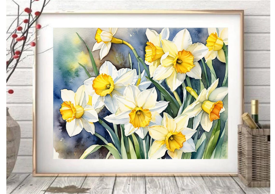 Joyful Yellow White Daffodils Watercolor Spring Floral Poster - Image 6
