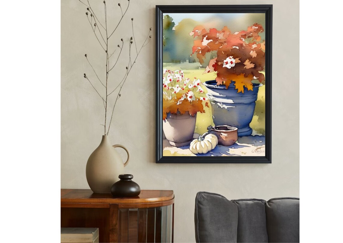 Potted Autumn Flowers and Mini Pumpkin Watercolor Still Life Poster - Image 5