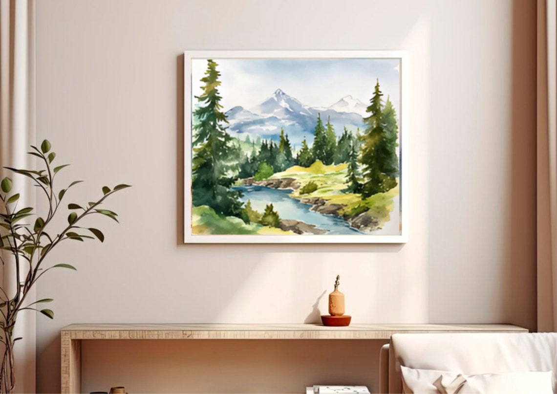Mountain River Pine Trees Snowy Peaks Fresh Alpine Watercolor Poster - Image 4