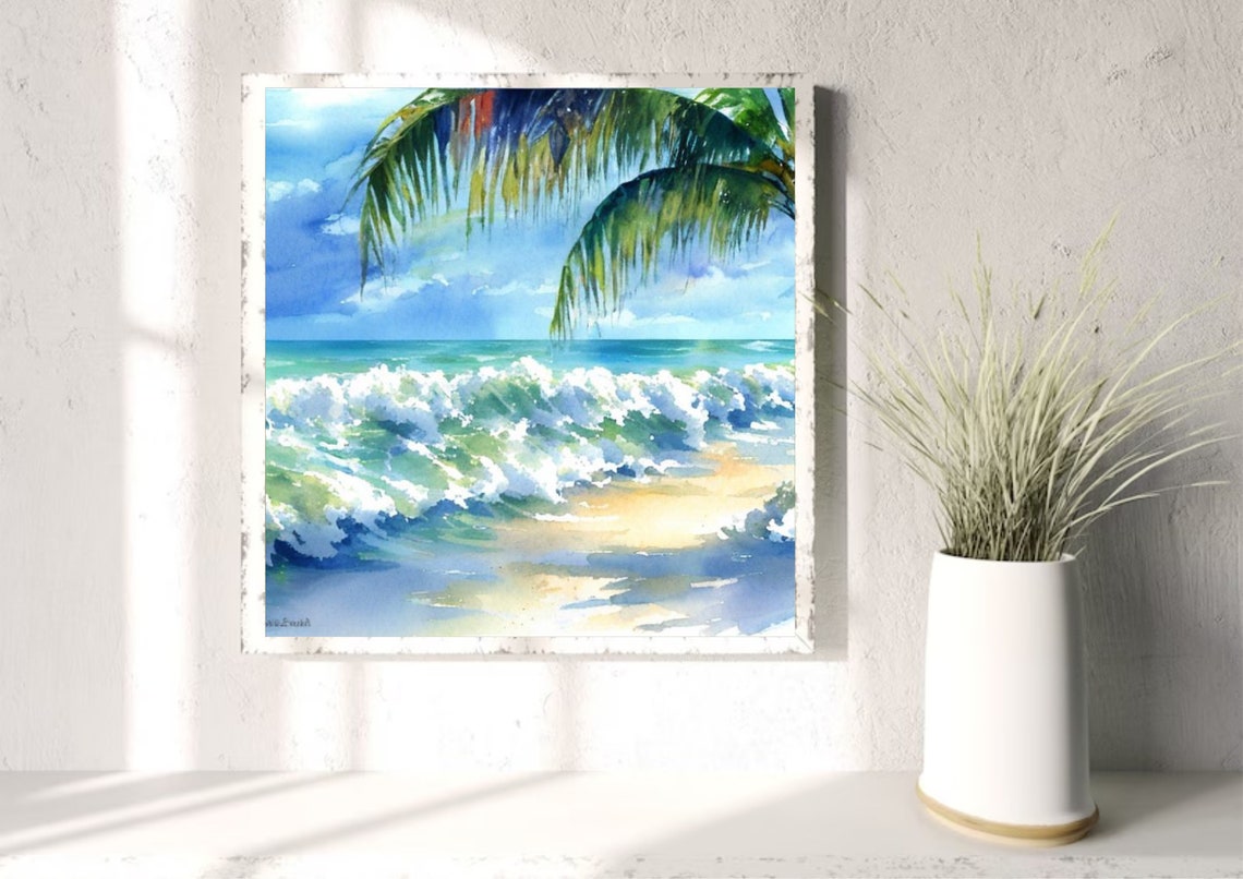 Tropical Beach Waves Under Palm Fronds Watercolor Seascape Poster - Image 4