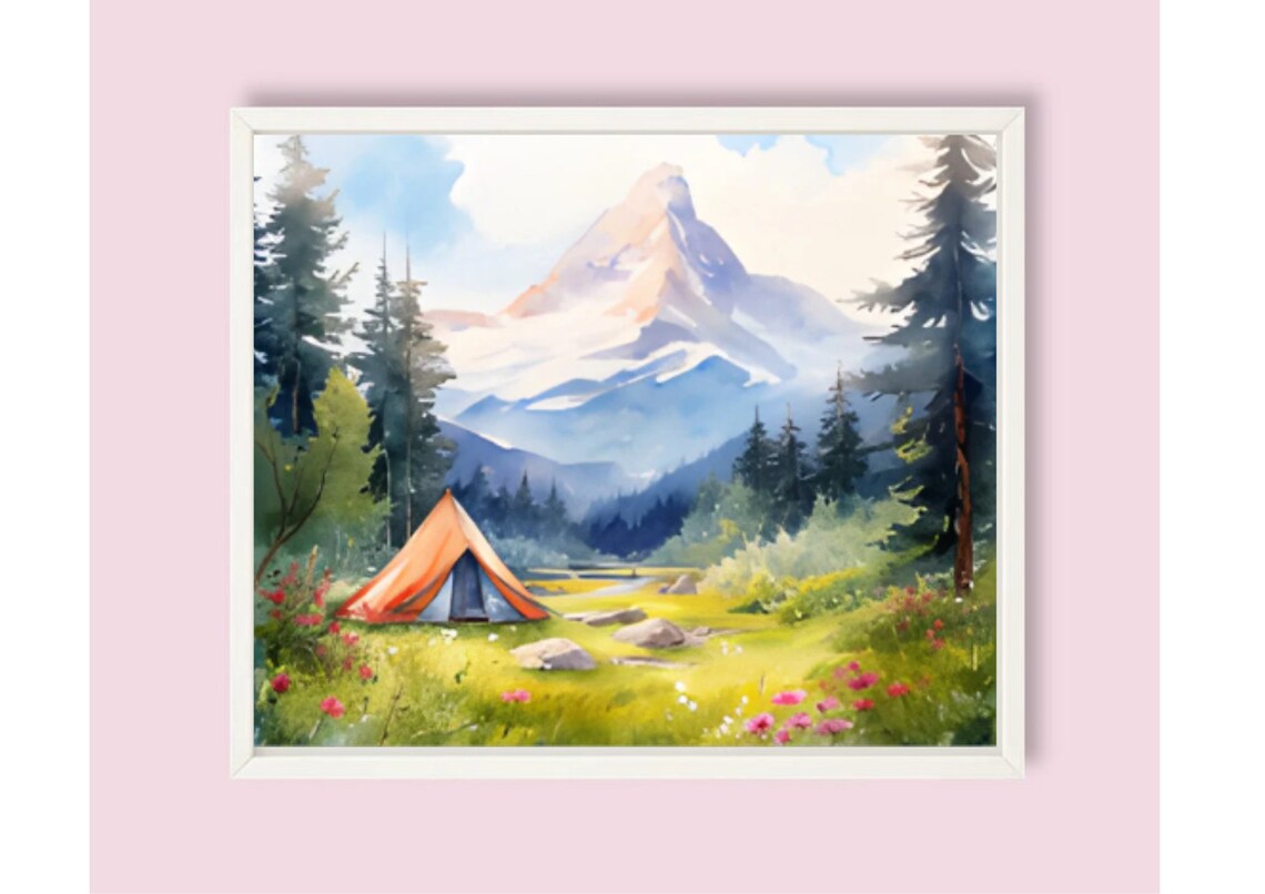 Rocky Mountains Painting Tent Camp At The Foot Of Lone Eagle Peak In Colorado Watercolor Art Print Rocky Mountain Pine Forest And Meadow Art - Image 6