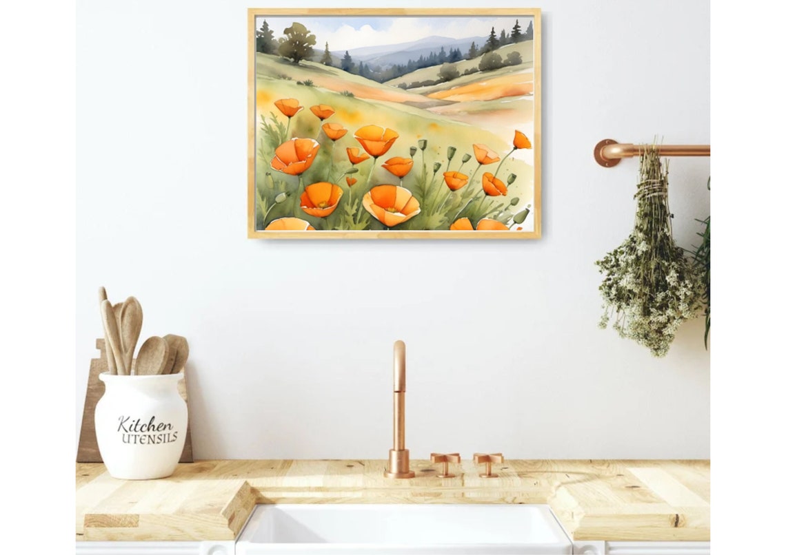 California Poppy Painting Orange Poppies Meadow Watercolor Art Print California Landscape Art Field Of Wildflowers Wall Art Poppies Poster - Image 5