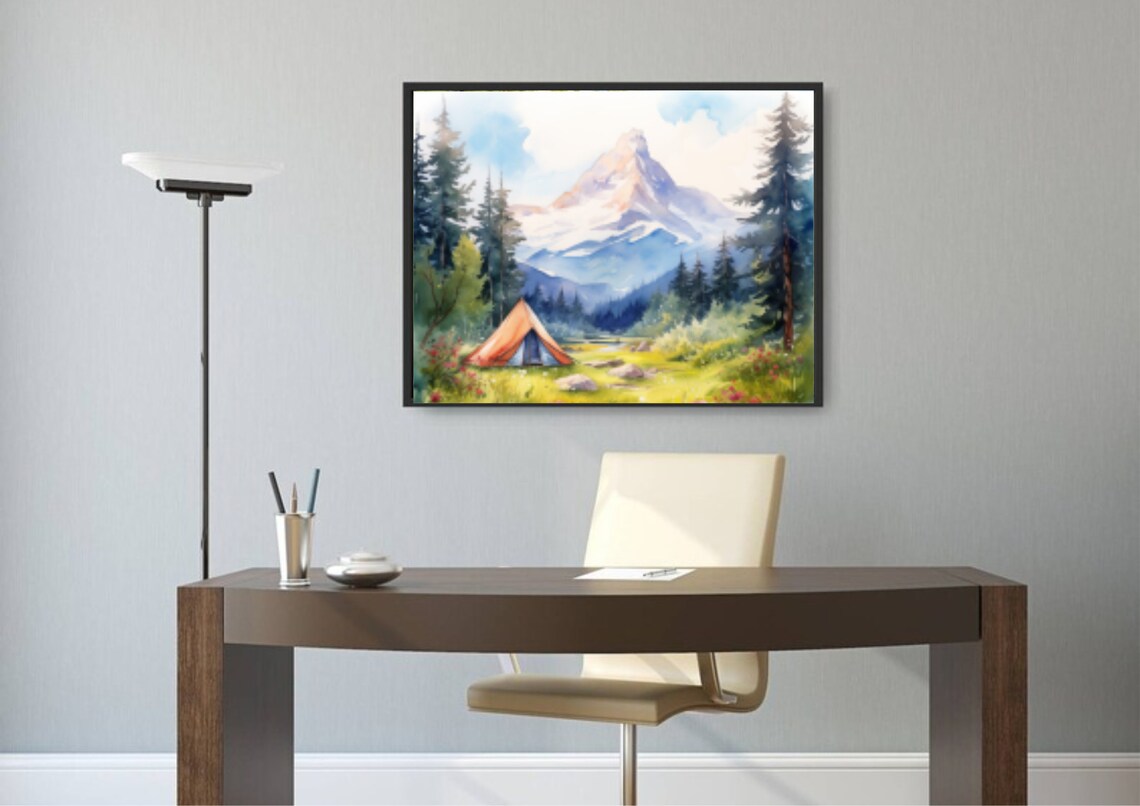 Rocky Mountains Painting Tent Camp At The Foot Of Lone Eagle Peak In Colorado Watercolor Art Print Rocky Mountain Pine Forest And Meadow Art - Image 2