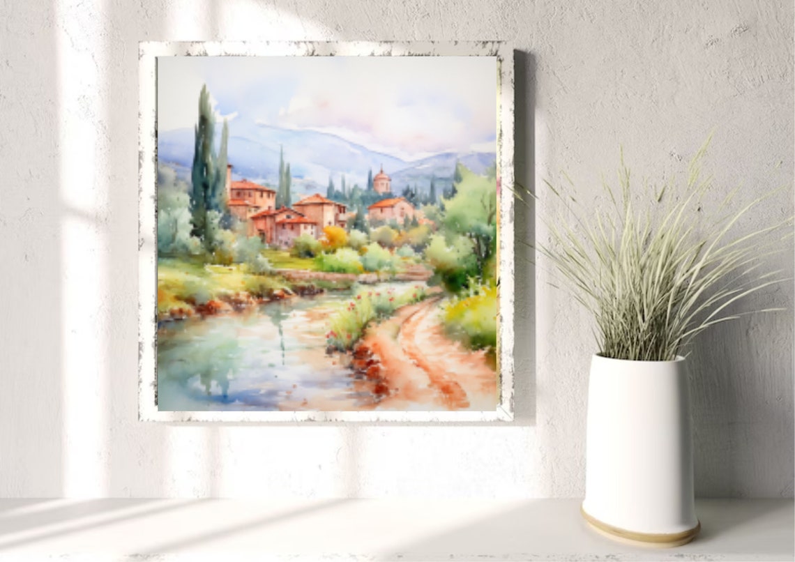 Italian Village Watercolor With Cypress Trees and a Stream Poster - Image 4
