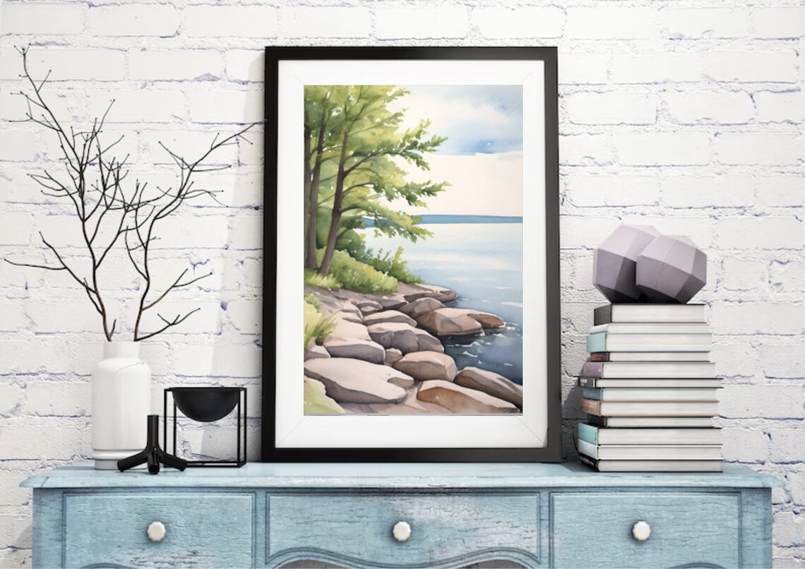 Lake Ontario Rocky Shore Pine Lake Watercolor Landscape Poster - Image 3