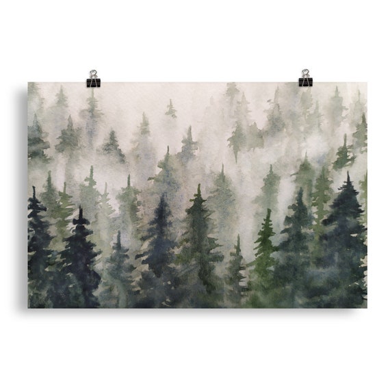 Misty Pine Forest Watercolor Painting Pacific Northwest Landscape Art Print Foggy Pine Forest Print Smoky Mountain Forest Art Evergreen Tree