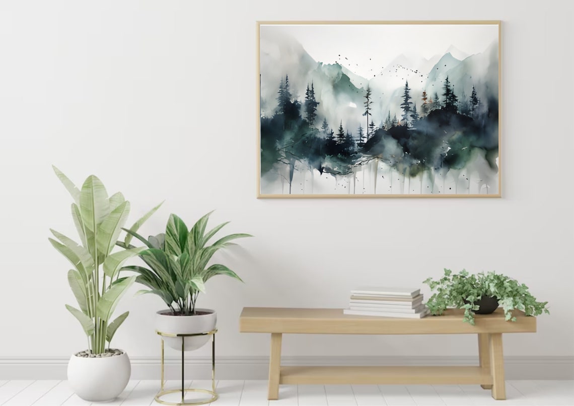 Misty Mountain Pine Forest Moody Fog Watercolor Landscape Poster - Image 3