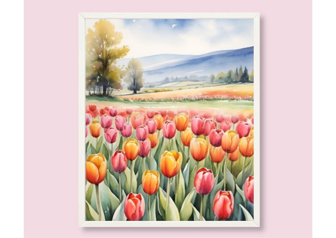 Tulips Field Painting Tulips Farm Watercolor Art Print Spring Landscape Wall Art Field Of Flowers Art Spring Flowers Print Botanical Poster - Image 6