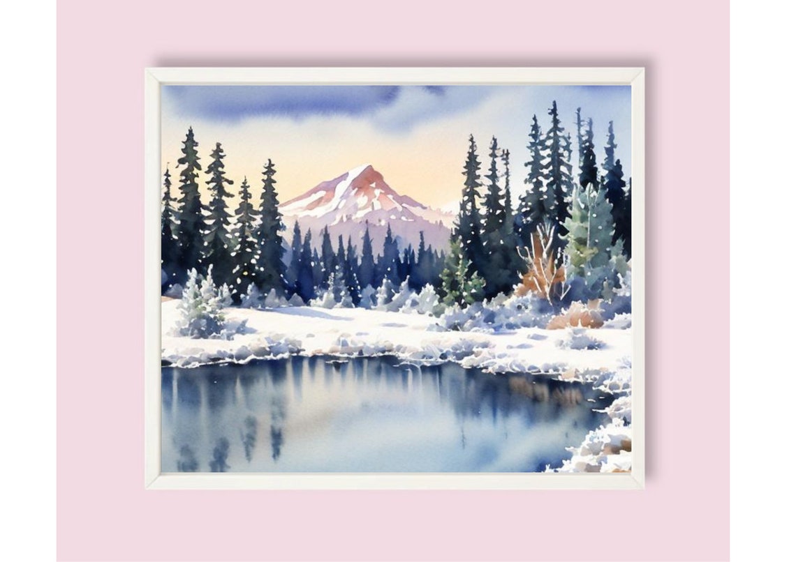 Winter Mountain Lake Watercolor Sunset Over Snowy Peaks Poster - Image 6