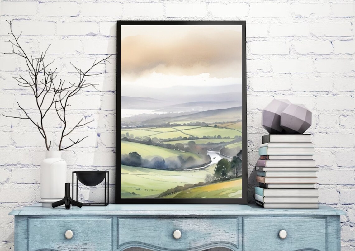 Foggy Irish Countryside Green Hills Watercolor Landscape Art Poster - Image 3