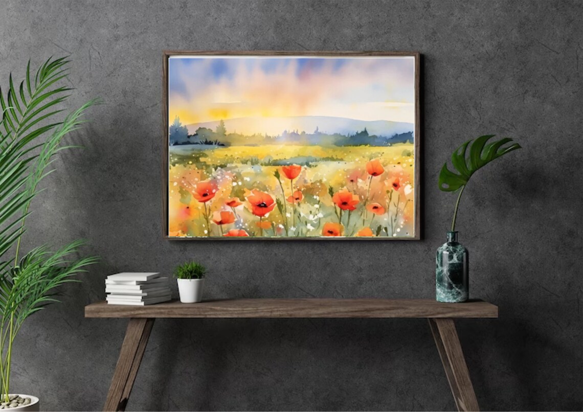 Poppy Field Sunset Watercolor Meadow Art Print - Image 5