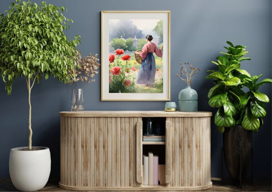 Woman in Poppy Garden With Basket From Behind Watercolor Art Poster - Image 3