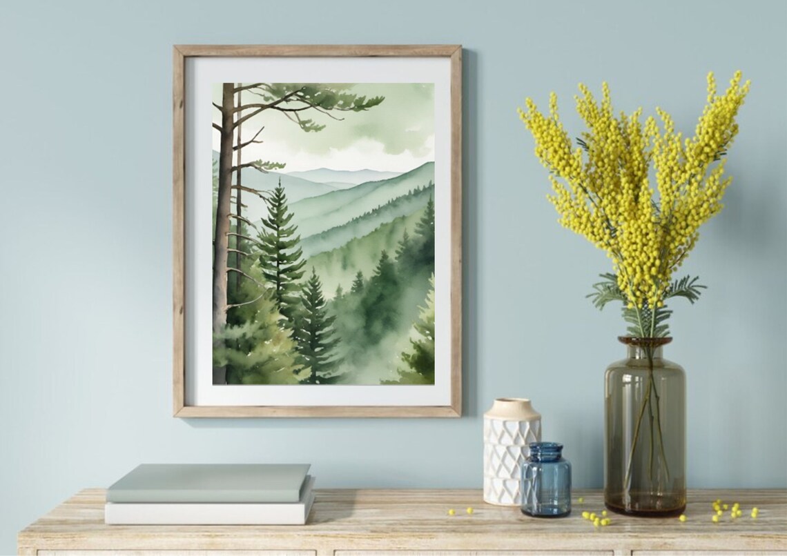 Misty Appalachian Ridges Tall Pines Watercolor Mountain Poster - Image 3