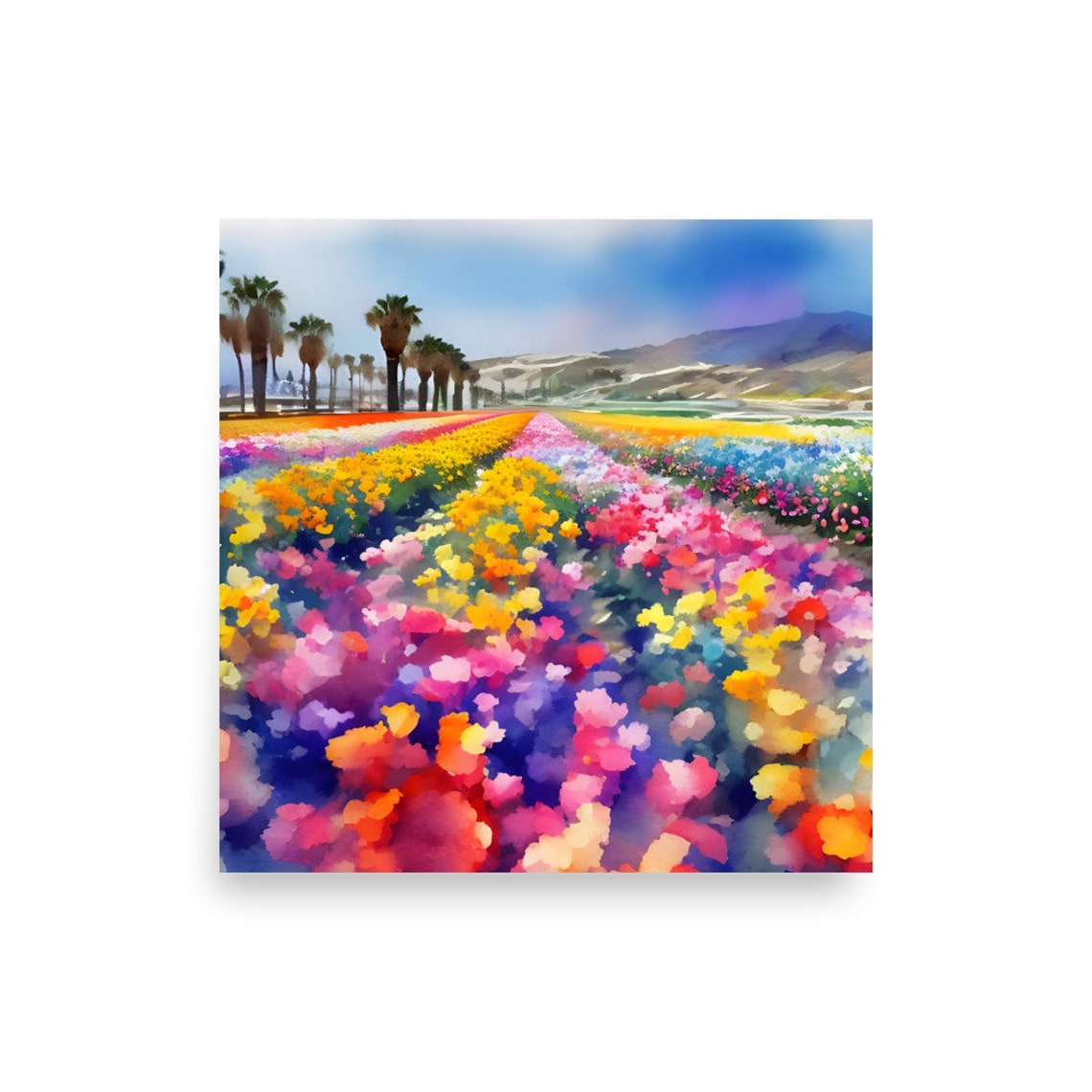 Rainbow Flower Field Palm Trees Bright Exuberant Watercolor Poster - Image 2