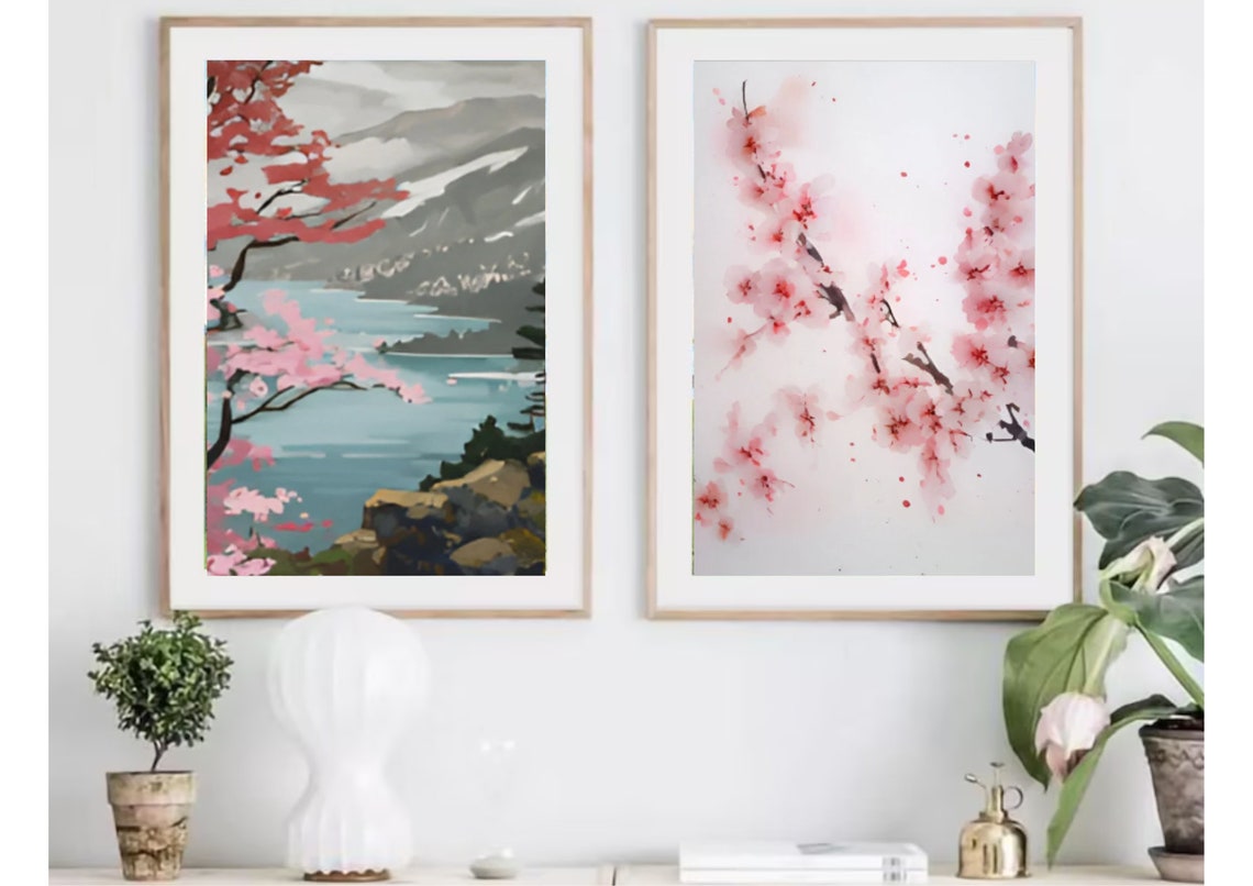 Cherry Blossom Tree Overlooking Sparkling Mountain Lake Poster - Image 3