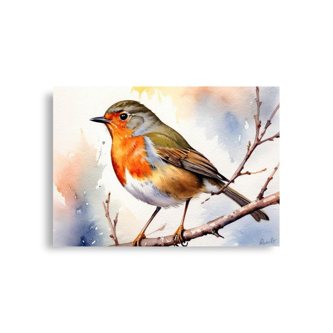 European Robin Perched On A Branch Facing Left Watercolor Poster - Image 3
