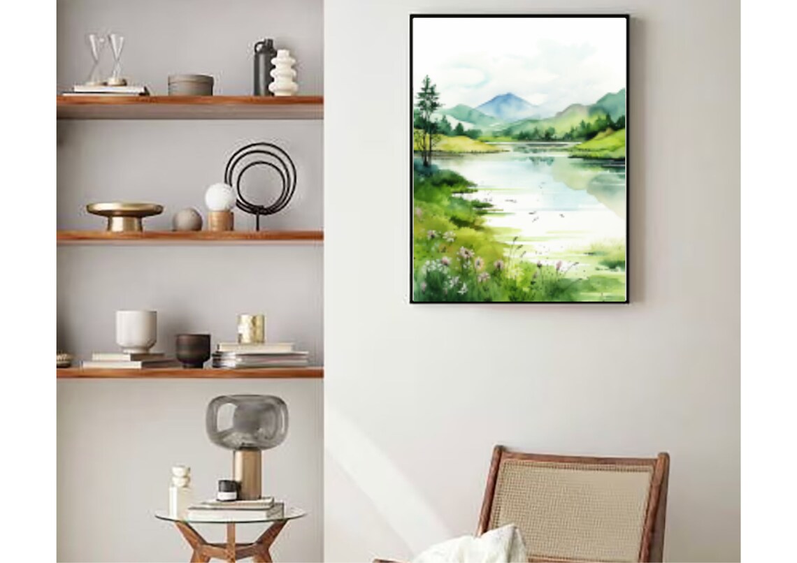 Spring Mountain Lake Wildflower Meadow Fresh Green Watercolor Poster - Image 4