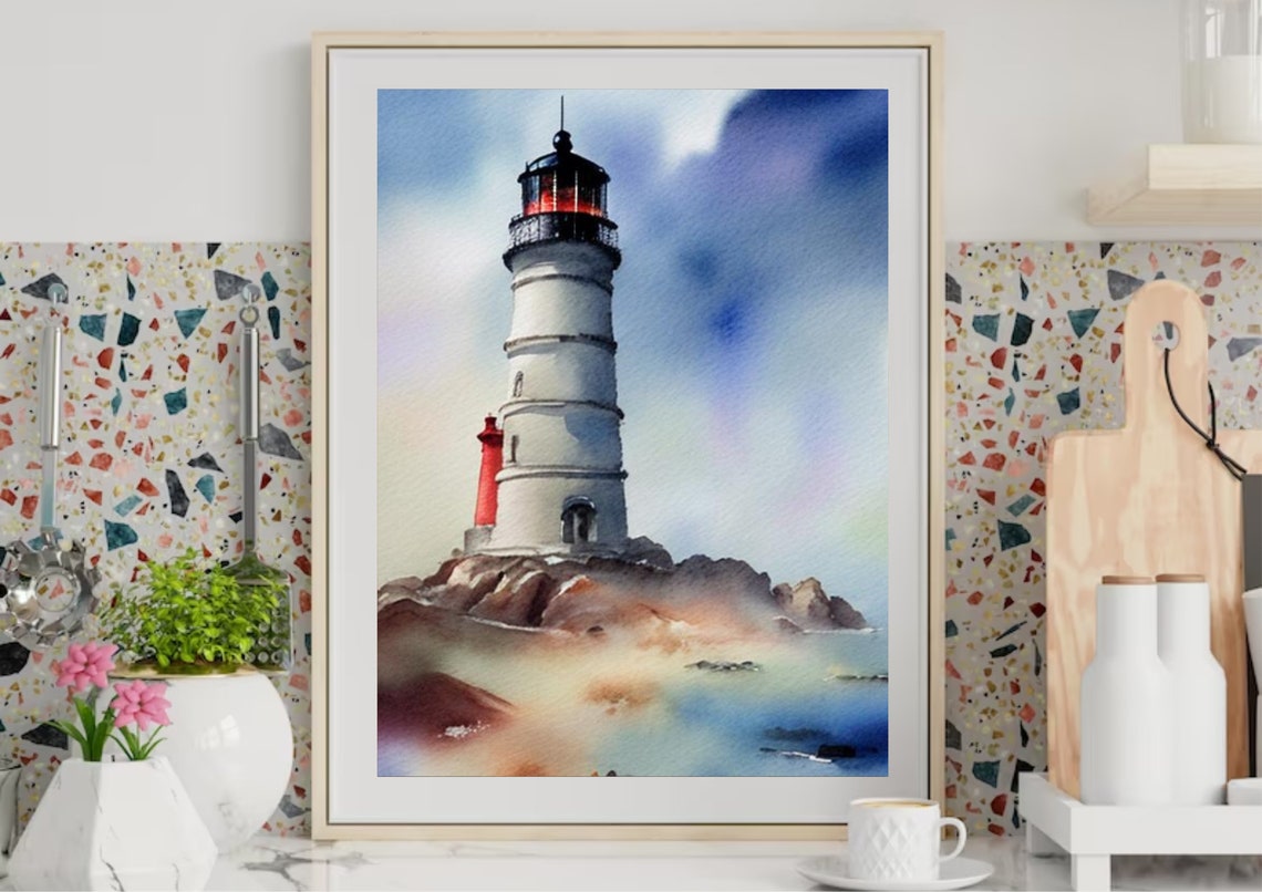 White Lighthouse on Rocky Shores Watercolor Coastal Scene Poster - Image 3
