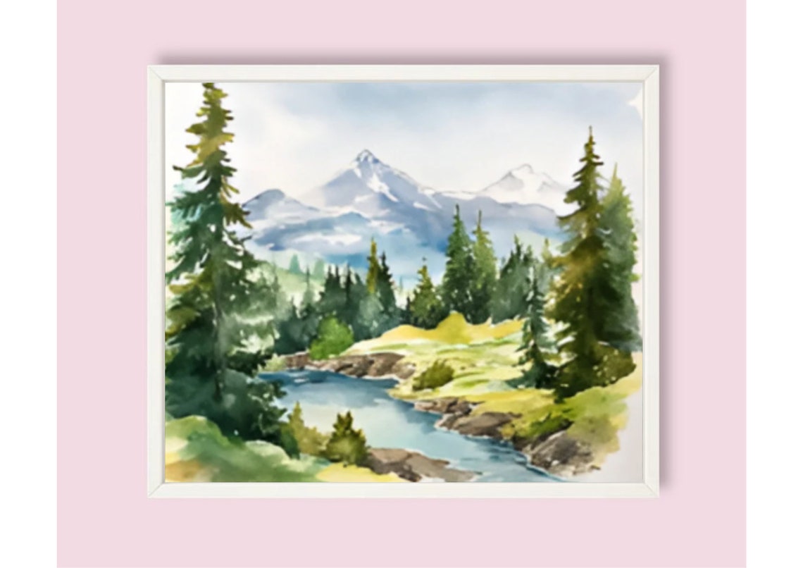 Mountain River Pine Trees Snowy Peaks Fresh Alpine Watercolor Poster - Image 6