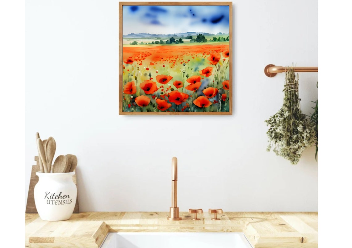 Poppies Field Watercolor Painting California Poppy Print Poppies Meadow Print Flowers Field Wall Art Panoramic Country Field Landscape Art - Image 3
