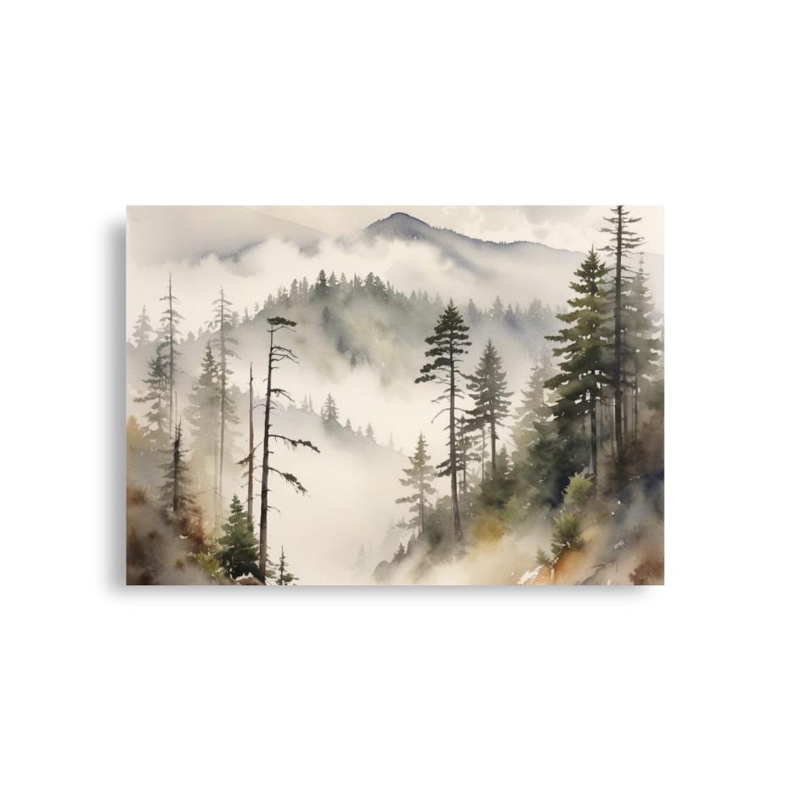 Foggy Evergreen Forest Watercolor Panoramic Mountain Landscape Poster - Image 2