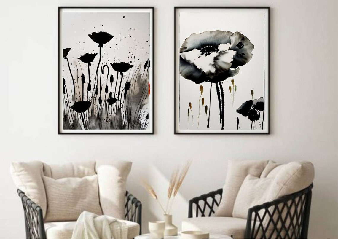 Poppies Painting Black White Poppies Art Print Floral Wall Art California Poppies Art Print Fom My Original Watercolor And Ink Sketch - Image 4